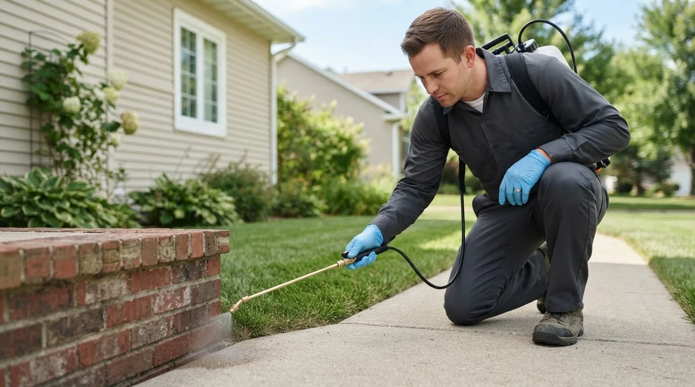 Pest control technician treating a home near Chelsea, MA